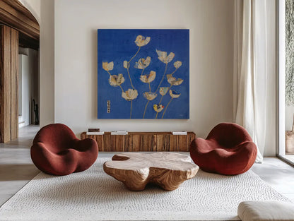 Kims Tulips Crop by Kellie Day. Shown as extra-large giant wall art in a modern living room. Available as an archival giclee rolled canvas, fine art paper, or poster print. SKU 72828a.