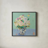Kristens Peonies by Kellie Day. Shown in a sleek black glass frame for a contemporary gallery look. Available as an archival giclee rolled canvas, fine art paper, or poster print. SKU 70556a.