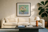 Kristens Peonies by Kellie Day. Displayed in a glass frame with matte in a clean modern living room. Available as an archival giclee rolled canvas, fine art paper, or poster print. SKU 70556a.
