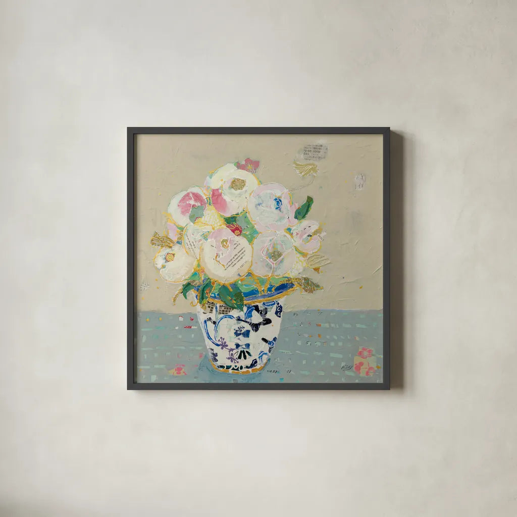 Kristens Peonies Neutral by Kellie Day. Shown in a sleek black glass frame for a contemporary gallery look. Available as an archival giclee rolled canvas, fine art paper, or poster print. SKU 70611a.