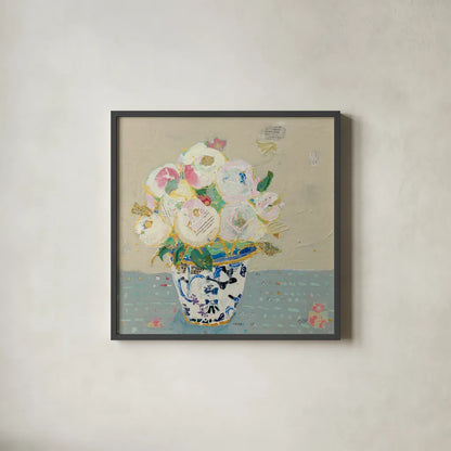 Kristens Peonies Neutral by Kellie Day. Shown in a sleek black glass frame for a contemporary gallery look. Available as an archival giclee rolled canvas, fine art paper, or poster print. SKU 70611a.