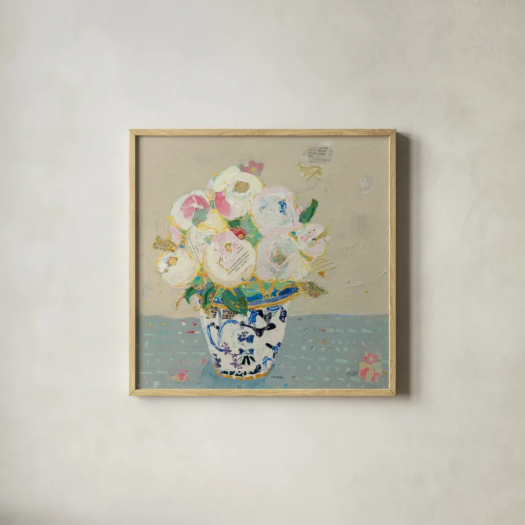 Kristens Peonies Neutral by Kellie Day. Shown in a natural wood glass frame for a timeless modern aesthetic. Available as an archival giclee rolled canvas, fine art paper, or poster print. SKU 70611a.