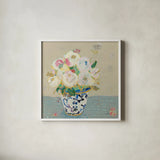 Kristens Peonies Neutral by Kellie Day. Shown in a crisp white glass frame for a clean and minimalist style. Available as an archival giclee rolled canvas, fine art paper, or poster print. SKU 70611a.
