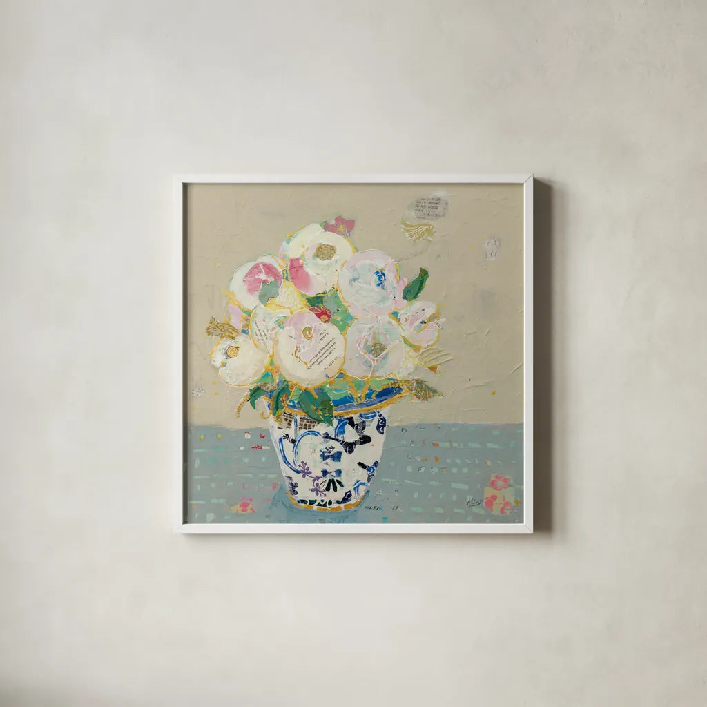 Kristens Peonies Neutral by Kellie Day. Shown in a crisp white glass frame for a clean and minimalist style. Available as an archival giclee rolled canvas, fine art paper, or poster print. SKU 70611a.
