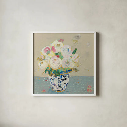 Kristens Peonies Neutral by Kellie Day. Shown in a crisp white glass frame for a clean and minimalist style. Available as an archival giclee rolled canvas, fine art paper, or poster print. SKU 70611a.