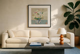 Kristens Peonies Neutral by Kellie Day. Displayed in a glass frame with matte in a clean modern living room. Available as an archival giclee rolled canvas, fine art paper, or poster print. SKU 70611a.