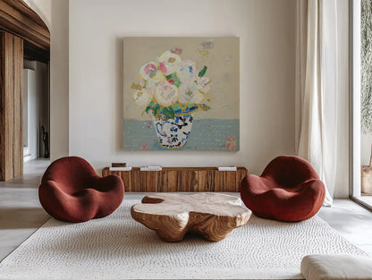 Kristens Peonies Neutral by Kellie Day. Shown as extra-large giant wall art in a modern living room. Available as an archival giclee rolled canvas, fine art paper, or poster print. SKU 70611a.