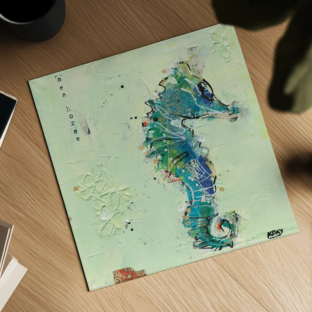 Little Seahorse by Kellie Day. Shown as a detailed flat fine art print, highlighting archival giclee quality. Available as an archival giclee rolled canvas, fine art paper, or poster print. SKU 27636a.