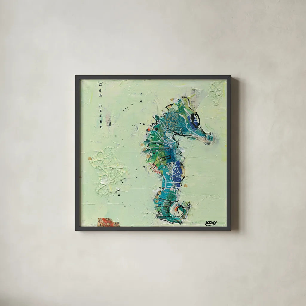 Little Seahorse by Kellie Day. Shown in a sleek black glass frame for a contemporary gallery look. Available as an archival giclee rolled canvas, fine art paper, or poster print. SKU 27636a.