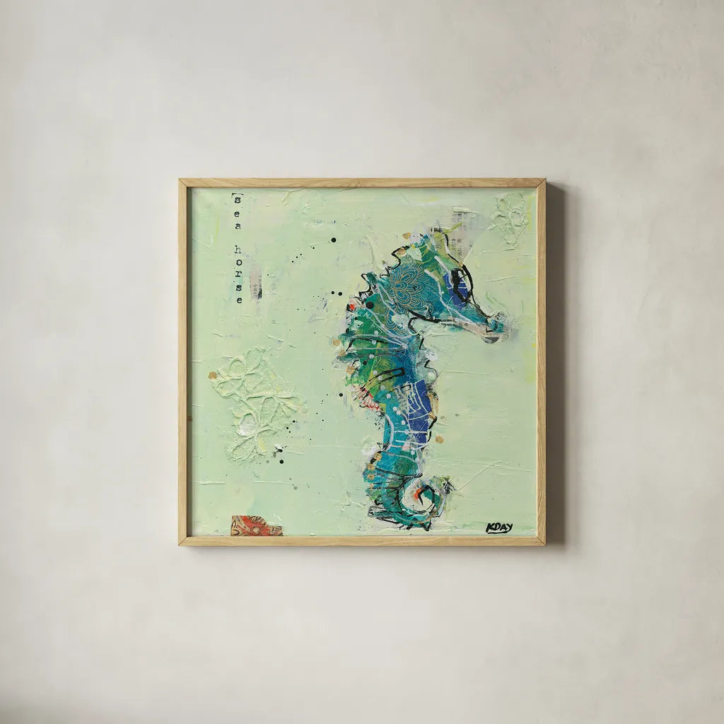 Little Seahorse by Kellie Day. Shown in a natural wood glass frame for a timeless modern aesthetic. Available as an archival giclee rolled canvas, fine art paper, or poster print. SKU 27636a.
