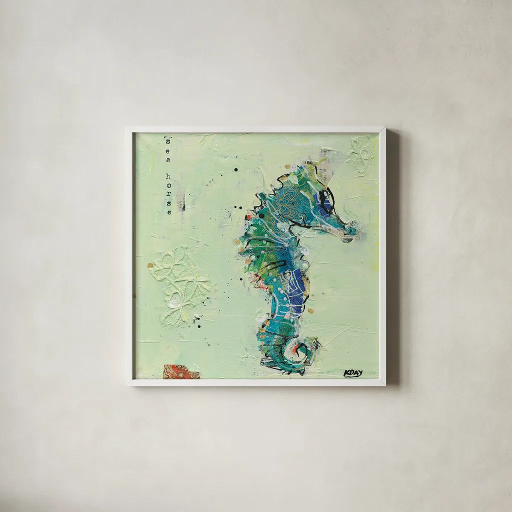 Little Seahorse by Kellie Day. Shown in a crisp white glass frame for a clean and minimalist style. Available as an archival giclee rolled canvas, fine art paper, or poster print. SKU 27636a.
