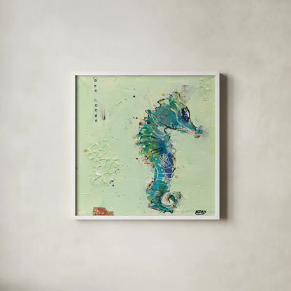 Little Seahorse by Kellie Day. Shown in a crisp white glass frame for a clean and minimalist style. Available as an archival giclee rolled canvas, fine art paper, or poster print. SKU 27636a.