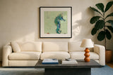 Little Seahorse by Kellie Day. Displayed in a glass frame with matte in a clean modern living room. Available as an archival giclee rolled canvas, fine art paper, or poster print. SKU 27636a.