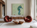 Little Seahorse by Kellie Day. Shown as extra-large giant wall art in a modern living room. Available as an archival giclee rolled canvas, fine art paper, or poster print. SKU 27636a.