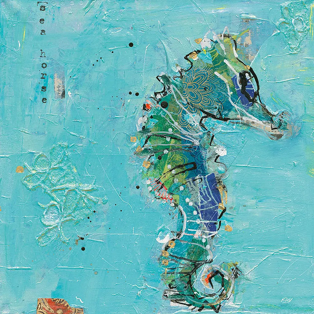 Little Seahorse Blue by Kellie Day. SKU 28182a. Archival Giclee Fine art print for wall decor.
