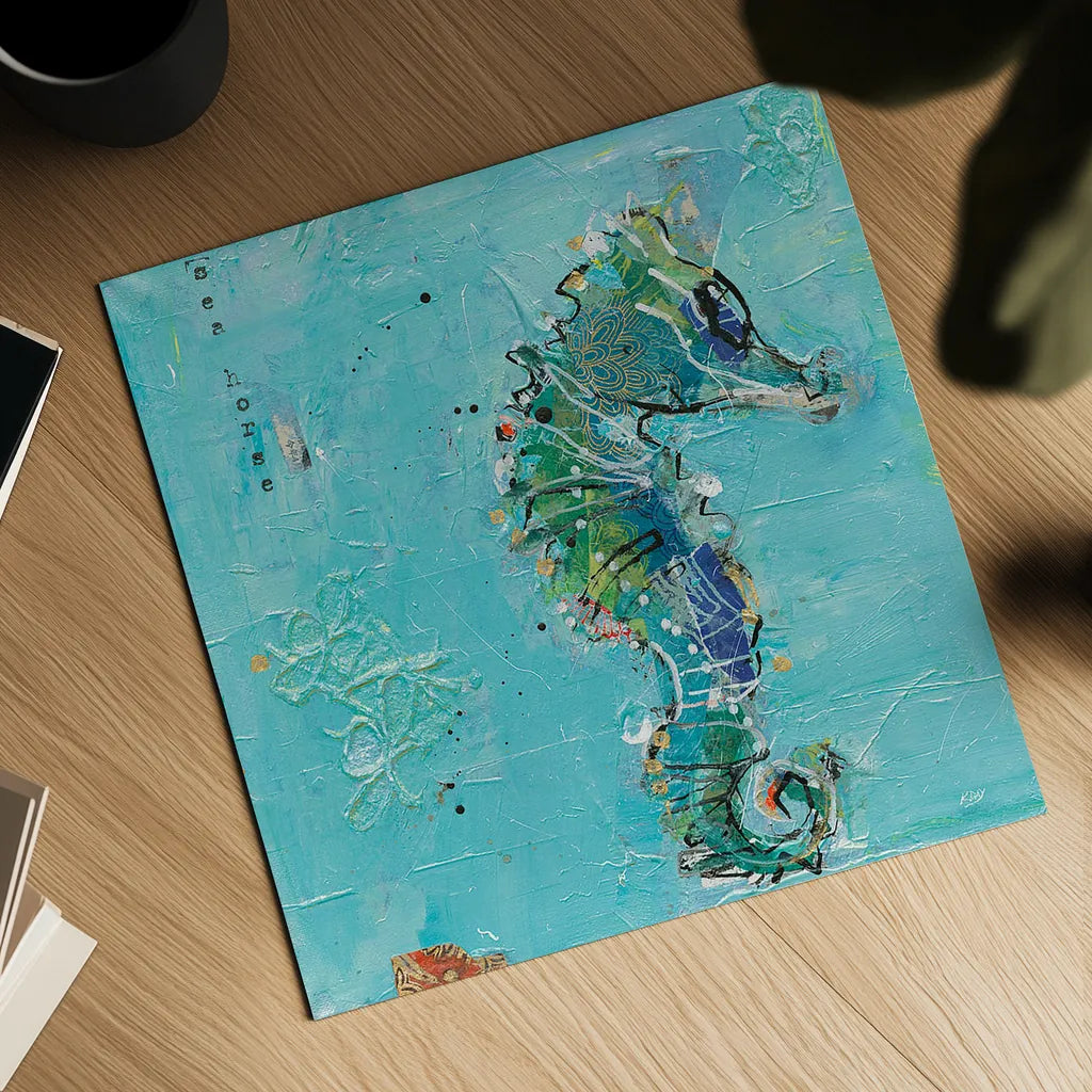 Little Seahorse Blue by Kellie Day. Shown as a detailed flat fine art print, highlighting archival giclee quality. Available as an archival giclee rolled canvas, fine art paper, or poster print. SKU 28182a.