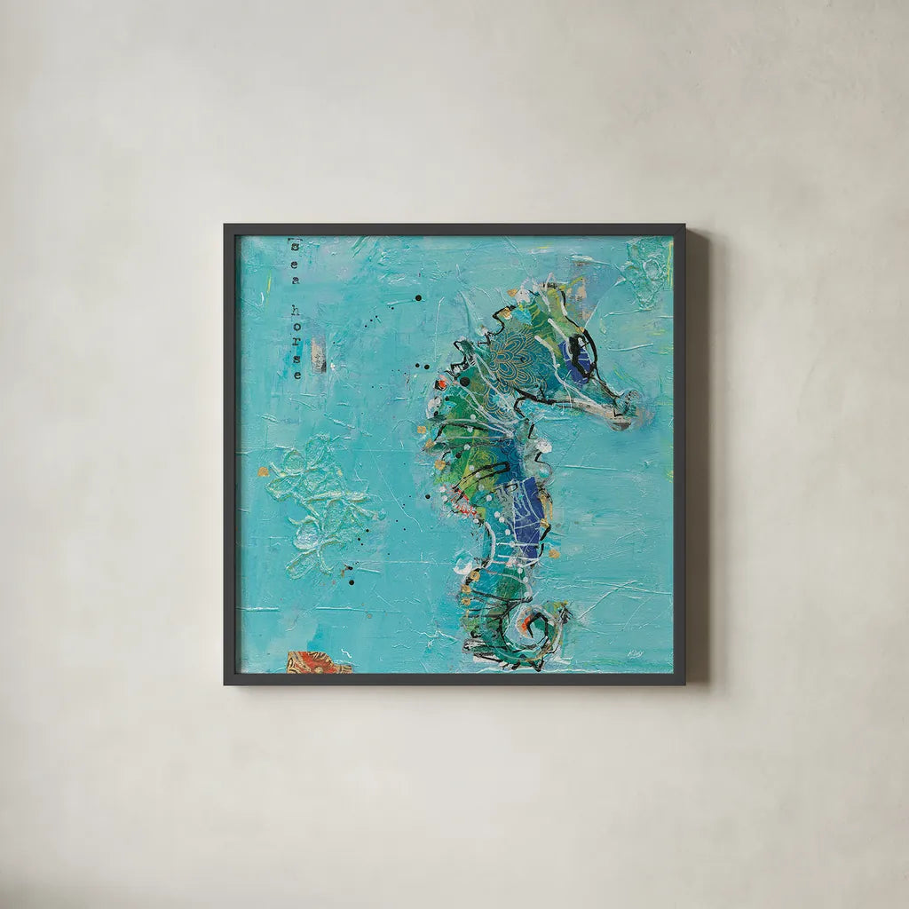 Little Seahorse Blue by Kellie Day. Shown in a sleek black glass frame for a contemporary gallery look. Available as an archival giclee rolled canvas, fine art paper, or poster print. SKU 28182a.