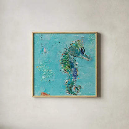 Little Seahorse Blue by Kellie Day. Shown in a natural wood glass frame for a timeless modern aesthetic. Available as an archival giclee rolled canvas, fine art paper, or poster print. SKU 28182a.