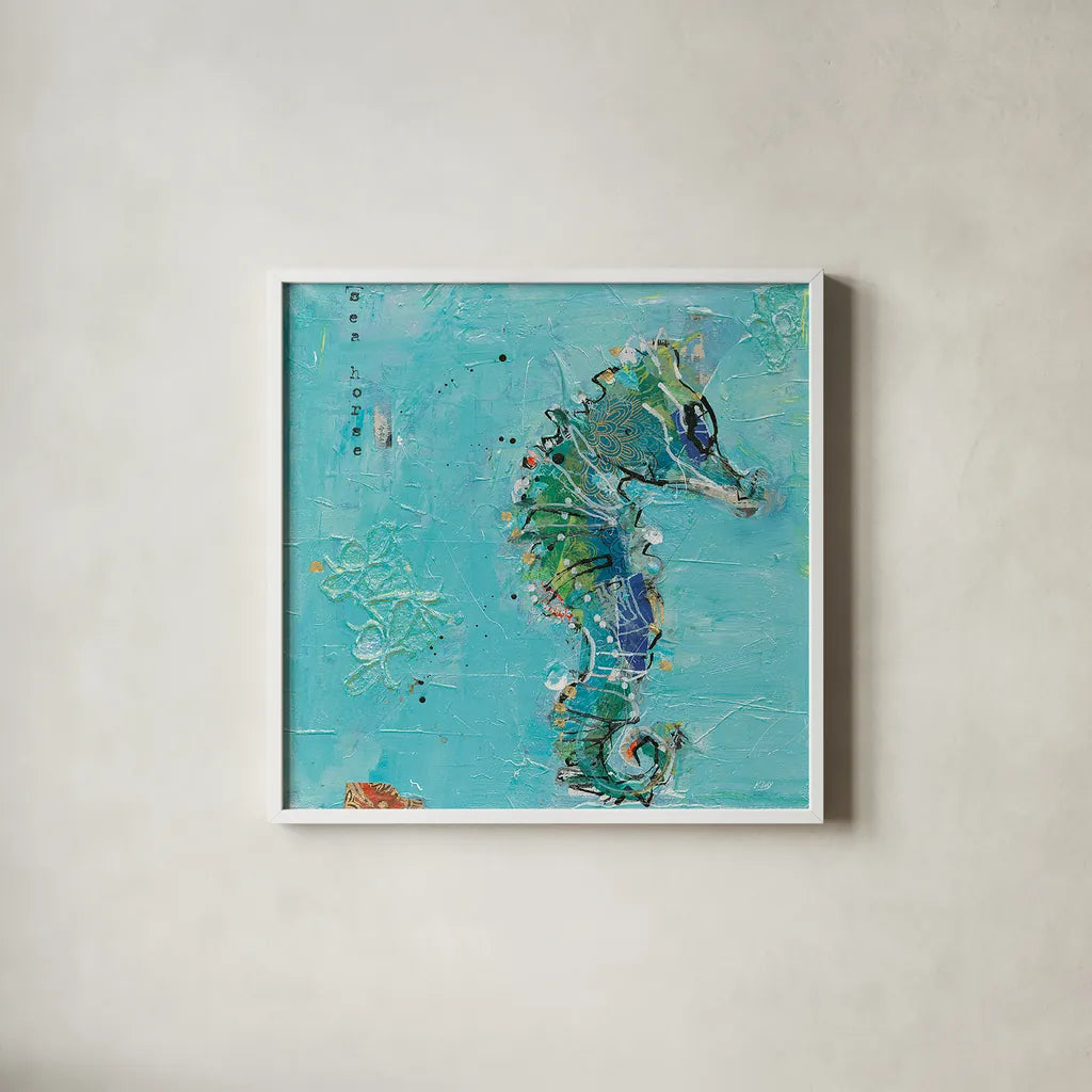 Little Seahorse Blue by Kellie Day. Shown in a crisp white glass frame for a clean and minimalist style. Available as an archival giclee rolled canvas, fine art paper, or poster print. SKU 28182a.