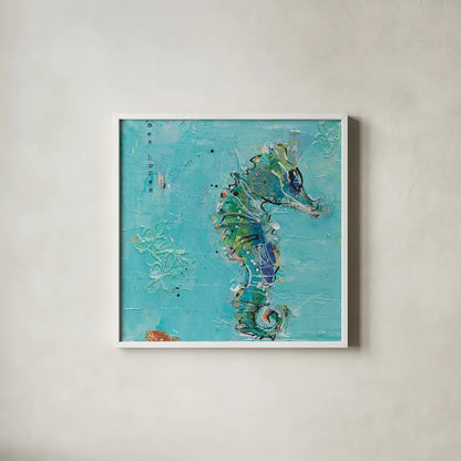 Little Seahorse Blue by Kellie Day. Shown in a crisp white glass frame for a clean and minimalist style. Available as an archival giclee rolled canvas, fine art paper, or poster print. SKU 28182a.
