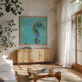 Little Seahorse Blue by Kellie Day. Shown in a natural wood frame in a cozy modern living room. Available as an archival giclee rolled canvas, fine art paper, or poster print. SKU 28182a.