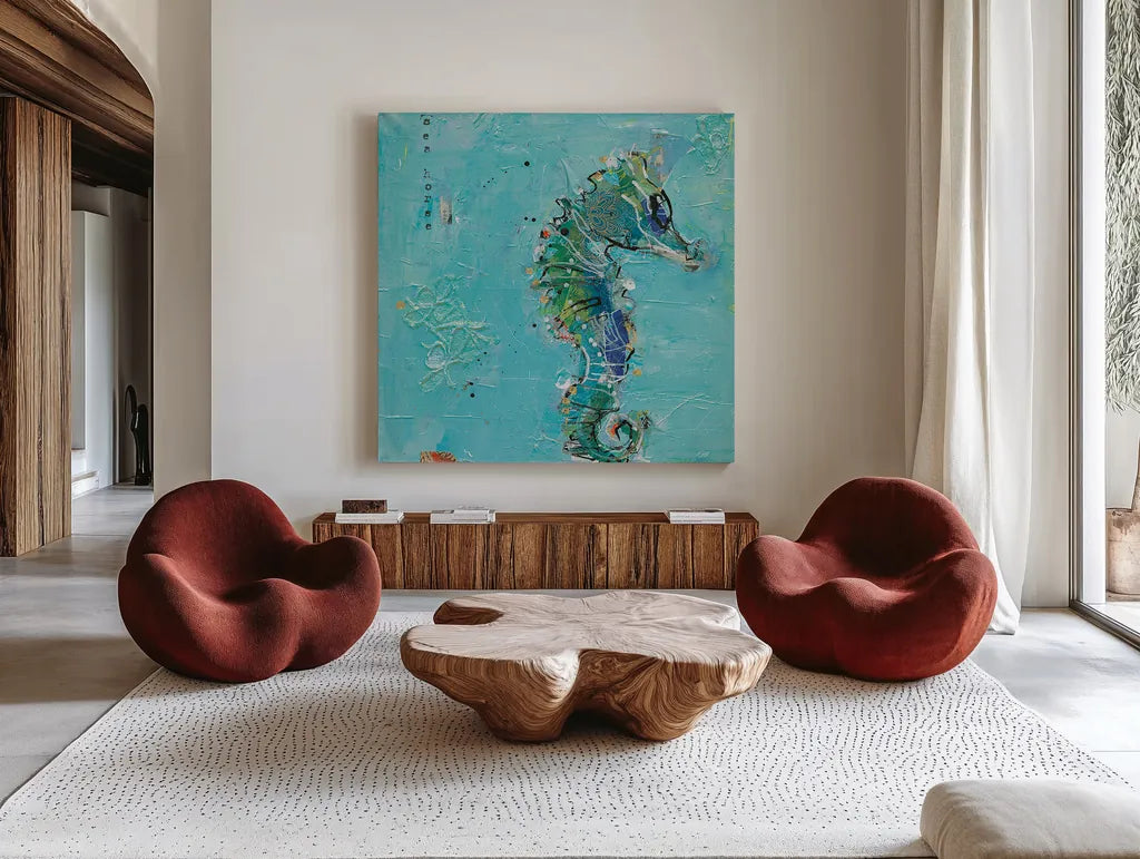 Little Seahorse Blue by Kellie Day. Shown as extra-large giant wall art in a modern living room. Available as an archival giclee rolled canvas, fine art paper, or poster print. SKU 28182a.