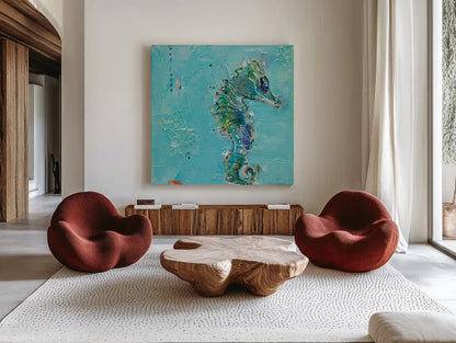 Little Seahorse Blue by Kellie Day. Shown as extra-large giant wall art in a modern living room. Available as an archival giclee rolled canvas, fine art paper, or poster print. SKU 28182a.