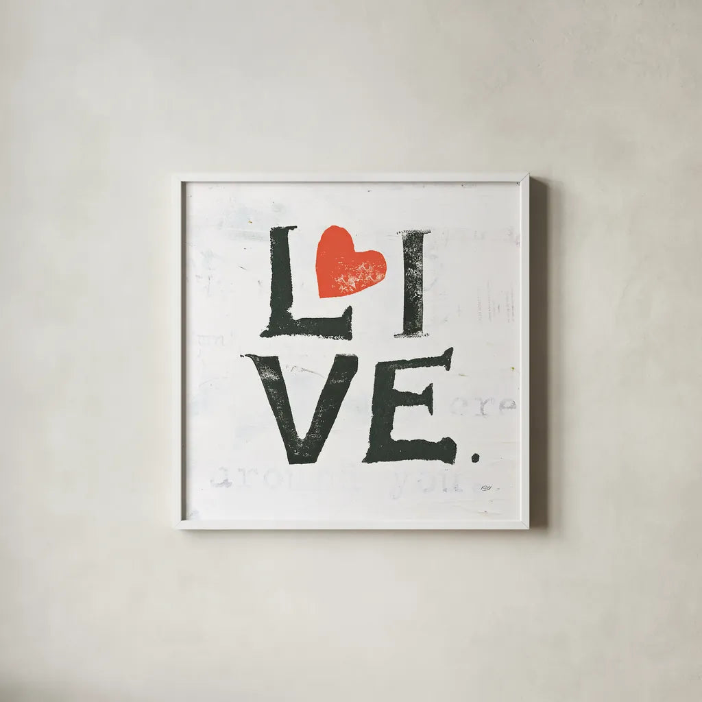 Live by Kellie Day. Shown in a crisp white glass frame for a clean and minimalist style. Available as an archival giclee rolled canvas, fine art paper, or poster print. SKU 29369a.