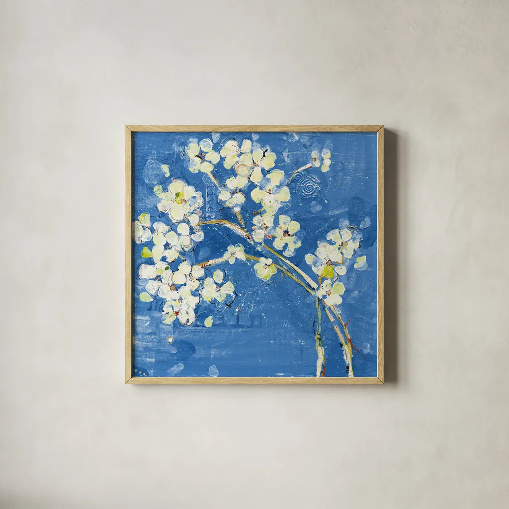 Live Dark Blue by Kellie Day. Shown in a natural wood glass frame for a timeless modern aesthetic. Available as an archival giclee rolled canvas, fine art paper, or poster print. SKU 36056a.