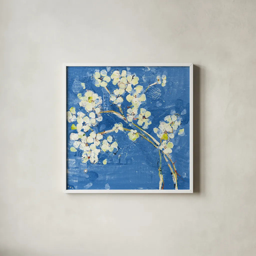 Live Dark Blue by Kellie Day. Shown in a crisp white glass frame for a clean and minimalist style. Available as an archival giclee rolled canvas, fine art paper, or poster print. SKU 36056a.