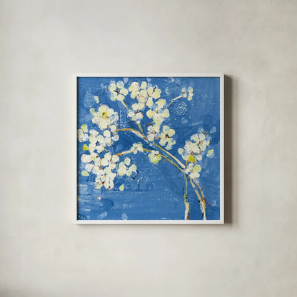 Live Dark Blue by Kellie Day. Shown in a crisp white glass frame for a clean and minimalist style. Available as an archival giclee rolled canvas, fine art paper, or poster print. SKU 36056a.