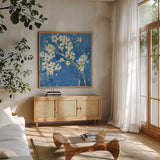 Live Dark Blue by Kellie Day. Shown in a natural wood frame in a cozy modern living room. Available as an archival giclee rolled canvas, fine art paper, or poster print. SKU 36056a.