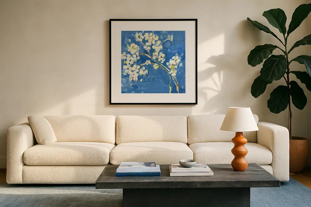 Live Dark Blue by Kellie Day. Displayed in a glass frame with matte in a clean modern living room. Available as an archival giclee rolled canvas, fine art paper, or poster print. SKU 36056a.