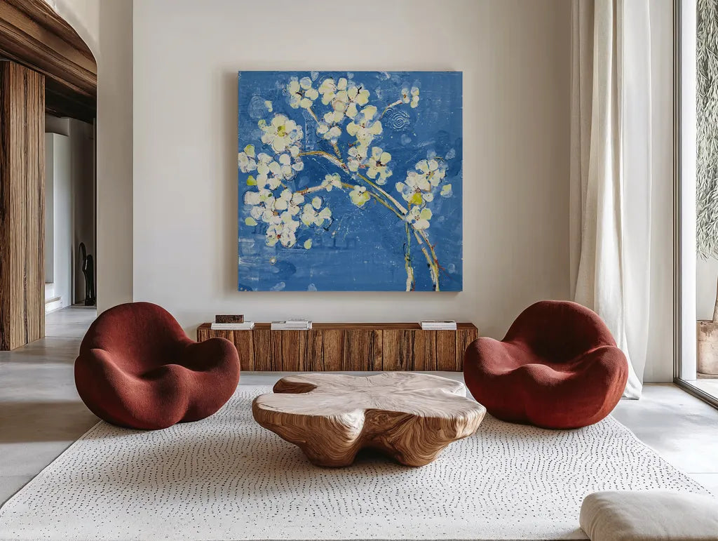 Live Dark Blue by Kellie Day. Shown as extra-large giant wall art in a modern living room. Available as an archival giclee rolled canvas, fine art paper, or poster print. SKU 36056a.