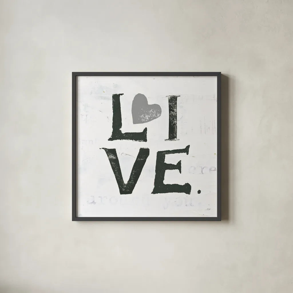 Live Gray Heart by Kellie Day. Shown in a sleek black glass frame for a contemporary gallery look. Available as an archival giclee rolled canvas, fine art paper, or poster print. SKU 31341a.