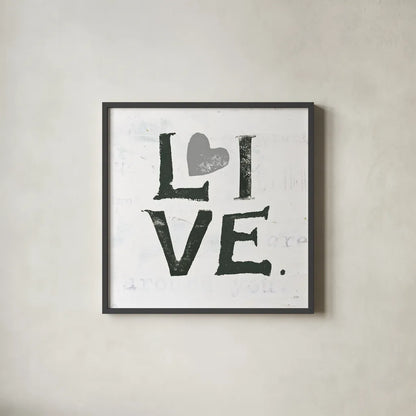 Live Gray Heart by Kellie Day. Shown in a sleek black glass frame for a contemporary gallery look. Available as an archival giclee rolled canvas, fine art paper, or poster print. SKU 31341a.