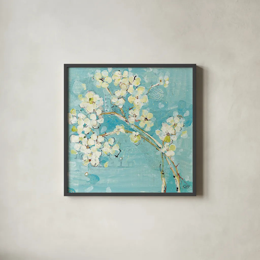 Live Turquoise by Kellie Day. Shown in a sleek black glass frame for a contemporary gallery look. Available as an archival giclee rolled canvas, fine art paper, or poster print. SKU 18241a.
