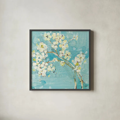 Live Turquoise by Kellie Day. Shown in a sleek black glass frame for a contemporary gallery look. Available as an archival giclee rolled canvas, fine art paper, or poster print. SKU 18241a.