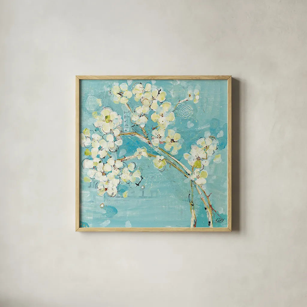 Live Turquoise by Kellie Day. Shown in a natural wood glass frame for a timeless modern aesthetic. Available as an archival giclee rolled canvas, fine art paper, or poster print. SKU 18241a.