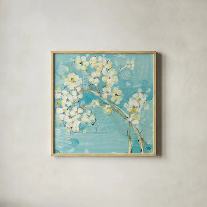 Live Turquoise by Kellie Day. Shown in a natural wood glass frame for a timeless modern aesthetic. Available as an archival giclee rolled canvas, fine art paper, or poster print. SKU 18241a.