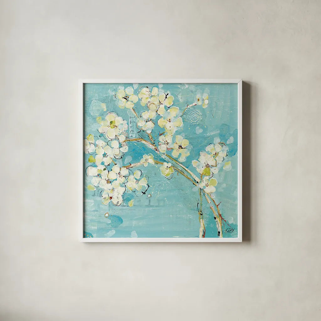Live Turquoise by Kellie Day. Shown in a crisp white glass frame for a clean and minimalist style. Available as an archival giclee rolled canvas, fine art paper, or poster print. SKU 18241a.