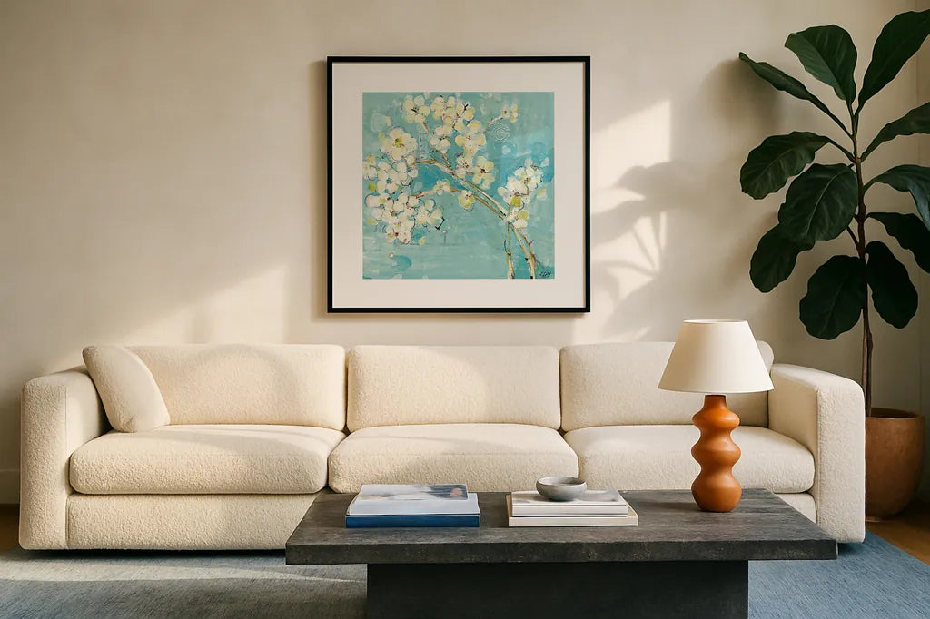 Live Turquoise by Kellie Day. Displayed in a glass frame with matte in a clean modern living room. Available as an archival giclee rolled canvas, fine art paper, or poster print. SKU 18241a.