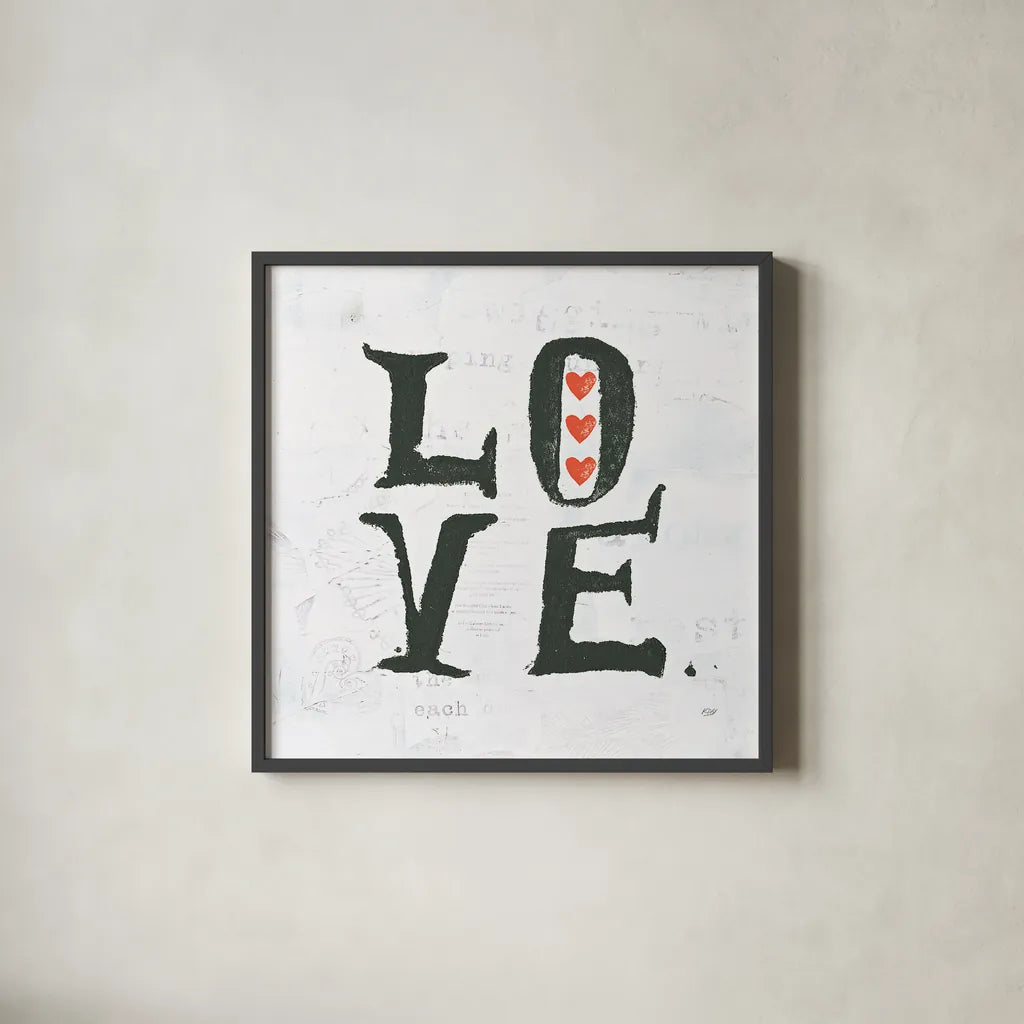 Love by Kellie Day. Shown in a sleek black glass frame for a contemporary gallery look. Available as an archival giclee rolled canvas, fine art paper, or poster print. SKU 29366a.