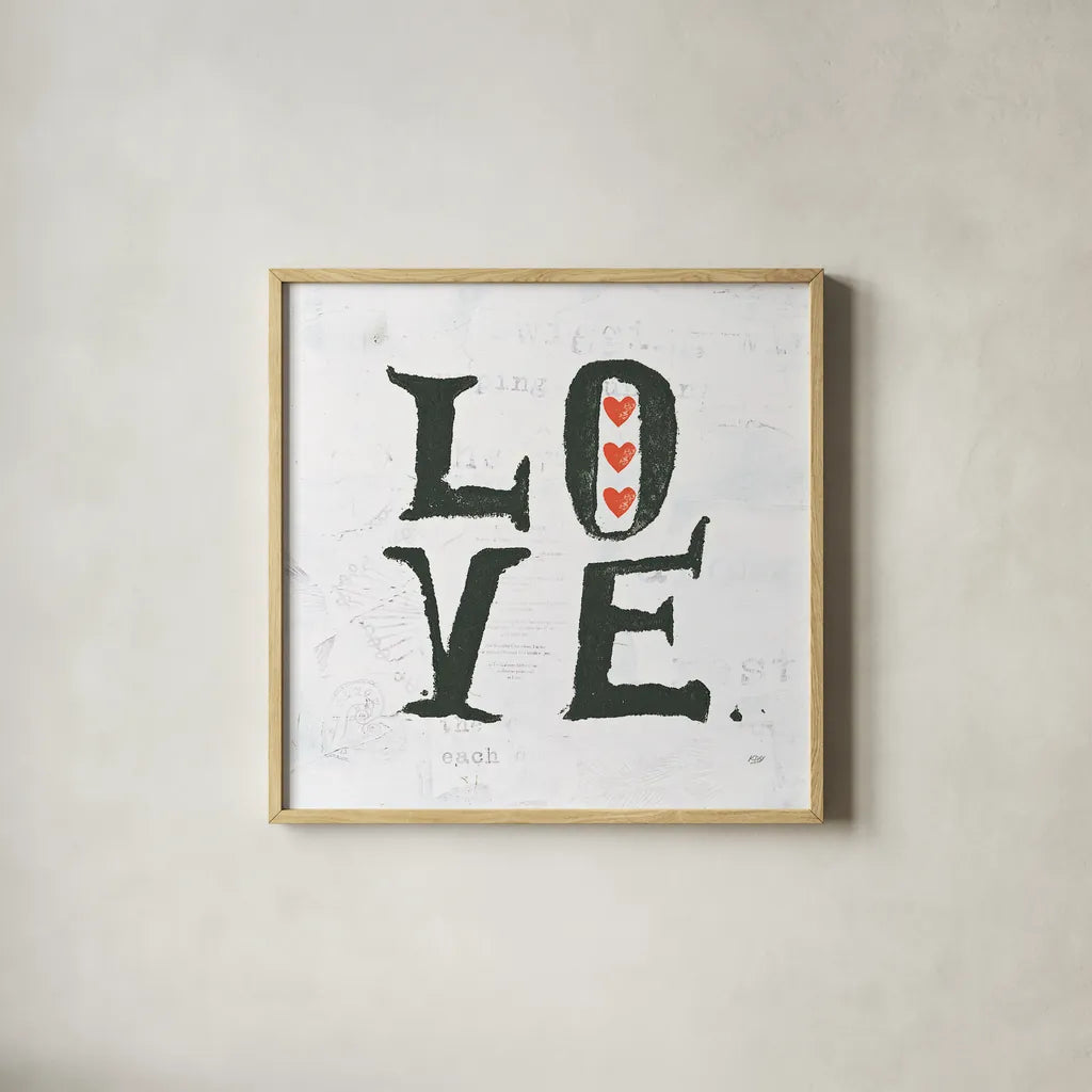 Love by Kellie Day. Shown in a natural wood glass frame for a timeless modern aesthetic. Available as an archival giclee rolled canvas, fine art paper, or poster print. SKU 29366a.