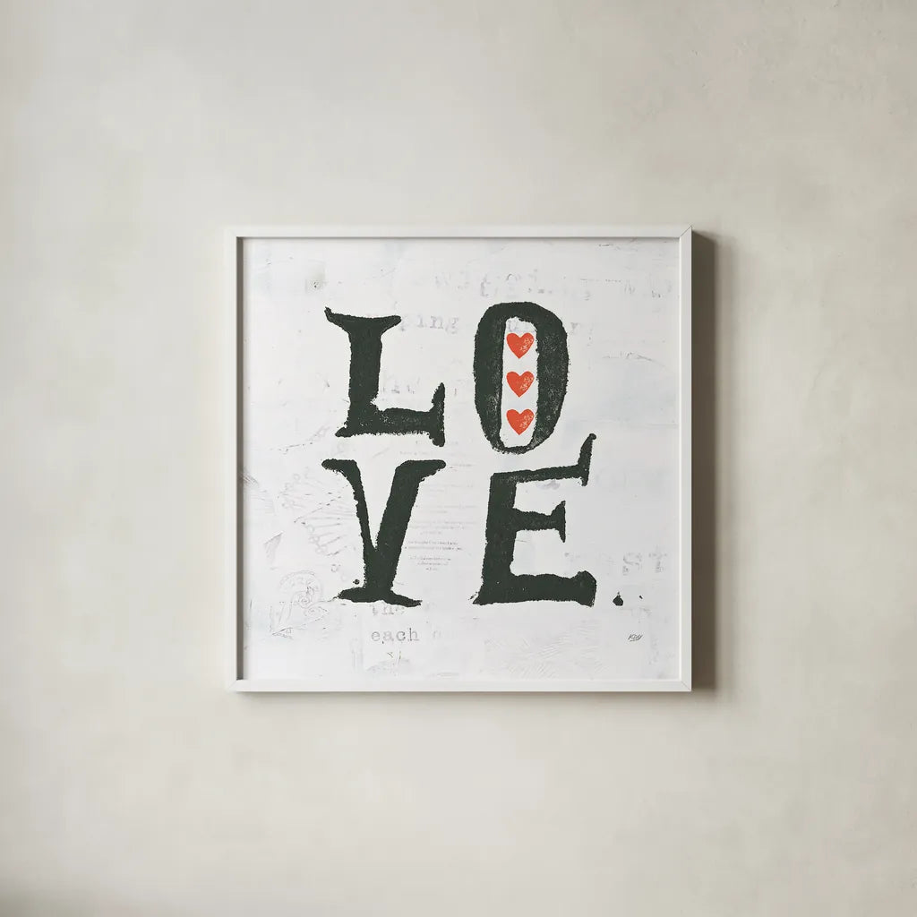 Love by Kellie Day. Shown in a crisp white glass frame for a clean and minimalist style. Available as an archival giclee rolled canvas, fine art paper, or poster print. SKU 29366a.