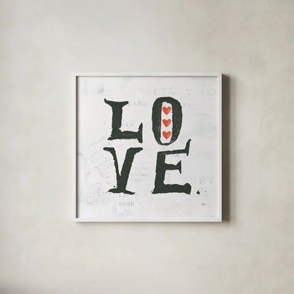 Love by Kellie Day. Shown in a crisp white glass frame for a clean and minimalist style. Available as an archival giclee rolled canvas, fine art paper, or poster print. SKU 29366a.