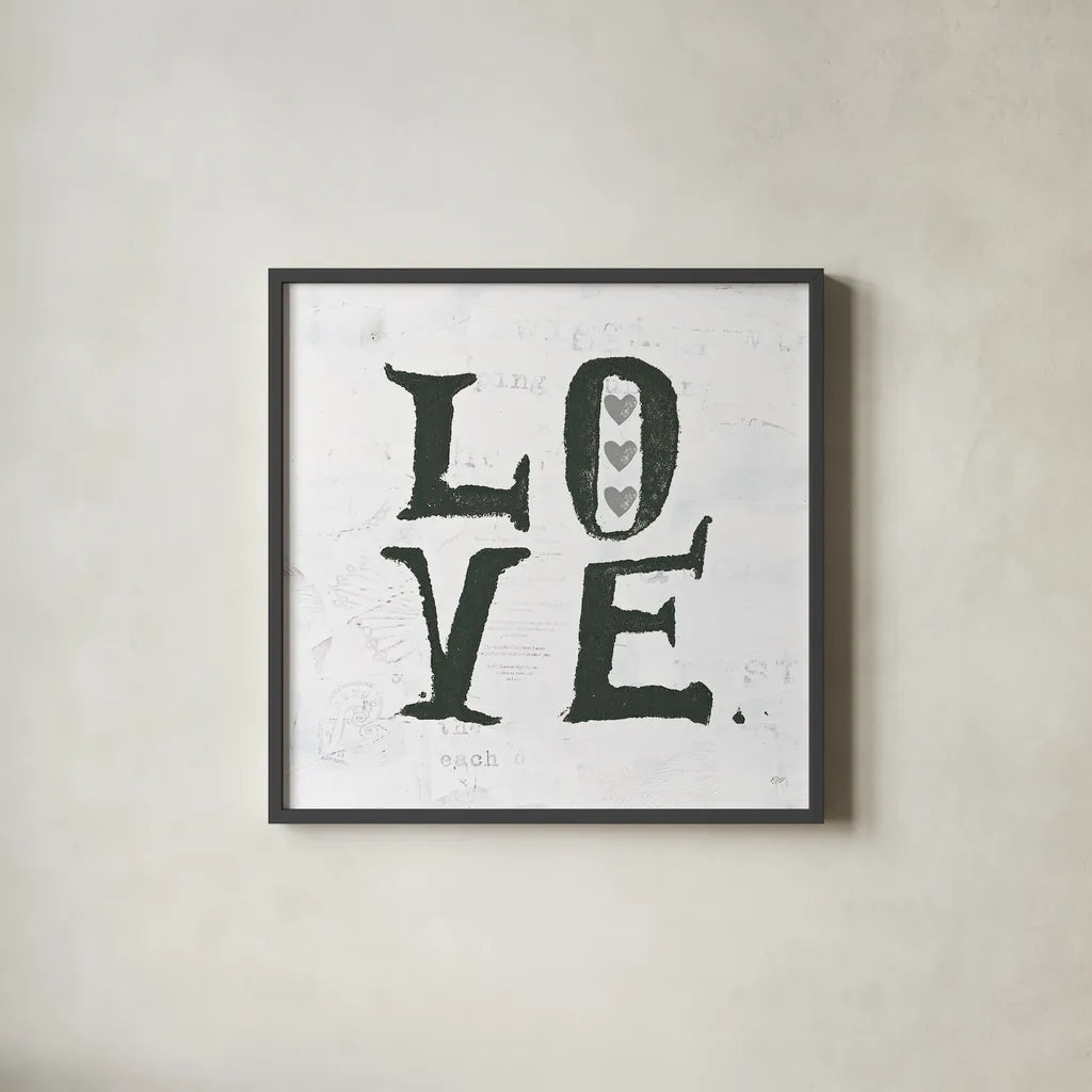 Love Gray Hearts by Kellie Day. Shown in a sleek black glass frame for a contemporary gallery look. Available as an archival giclee rolled canvas, fine art paper, or poster print. SKU 31338a.