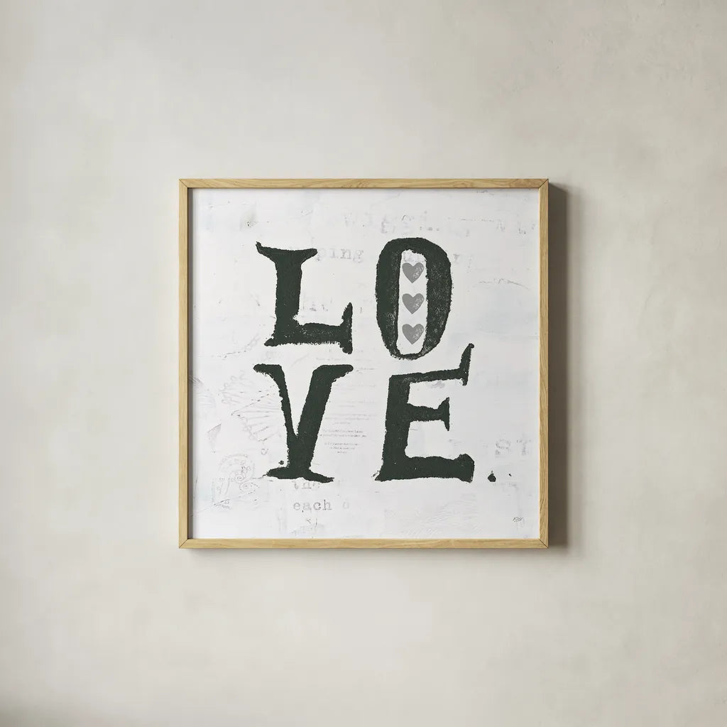 Love Gray Hearts by Kellie Day. Shown in a natural wood glass frame for a timeless modern aesthetic. Available as an archival giclee rolled canvas, fine art paper, or poster print. SKU 31338a.