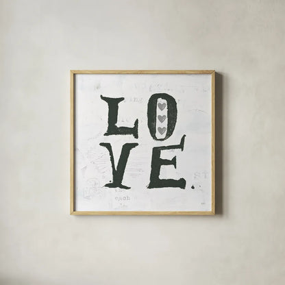 Love Gray Hearts by Kellie Day. Shown in a natural wood glass frame for a timeless modern aesthetic. Available as an archival giclee rolled canvas, fine art paper, or poster print. SKU 31338a.