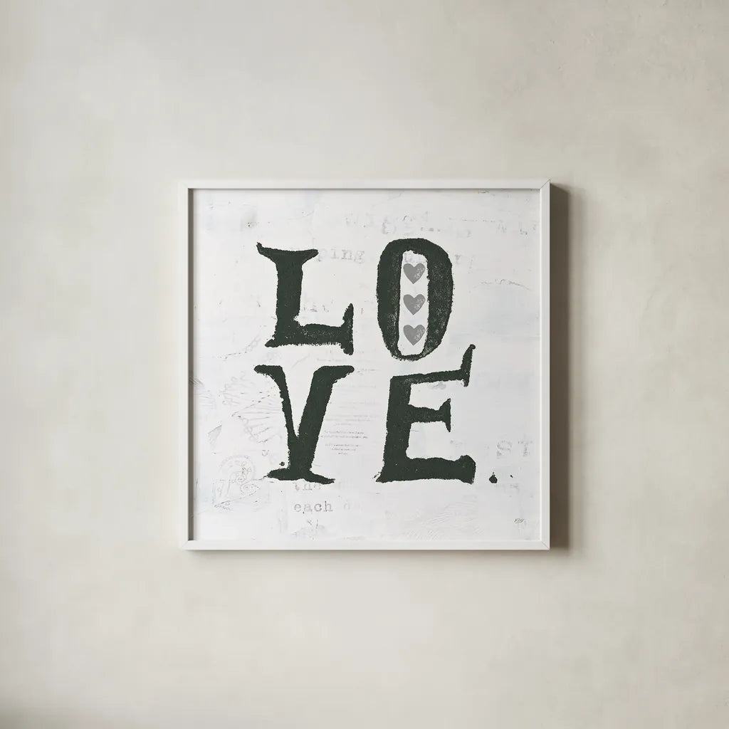 Love Gray Hearts by Kellie Day. Shown in a crisp white glass frame for a clean and minimalist style. Available as an archival giclee rolled canvas, fine art paper, or poster print. SKU 31338a.
